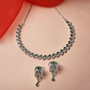 Rhodium-Plated Green American Diamond Studded Leaf Shaped Necklace with Earrings Jewellery Set