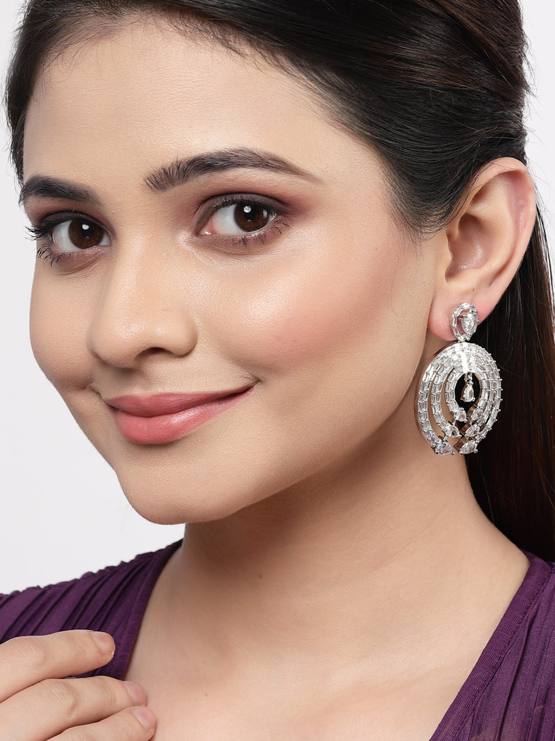 Rhodium-Plated with Silver-Tone White American Diamond Studded Circular Contemporary Drop Earrings