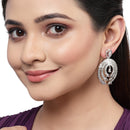 Rhodium-Plated with Silver-Tone White American Diamond Studded Circular Contemporary Drop Earrings