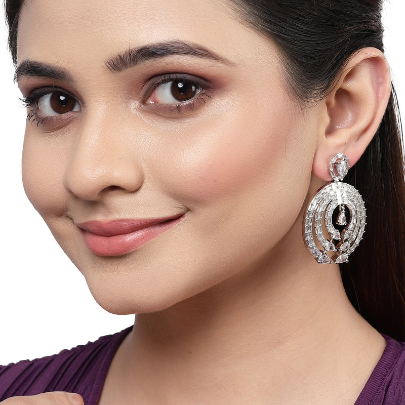 Rhodium-Plated with Silver-Tone White American Diamond Studded Circular Contemporary Drop Earrings