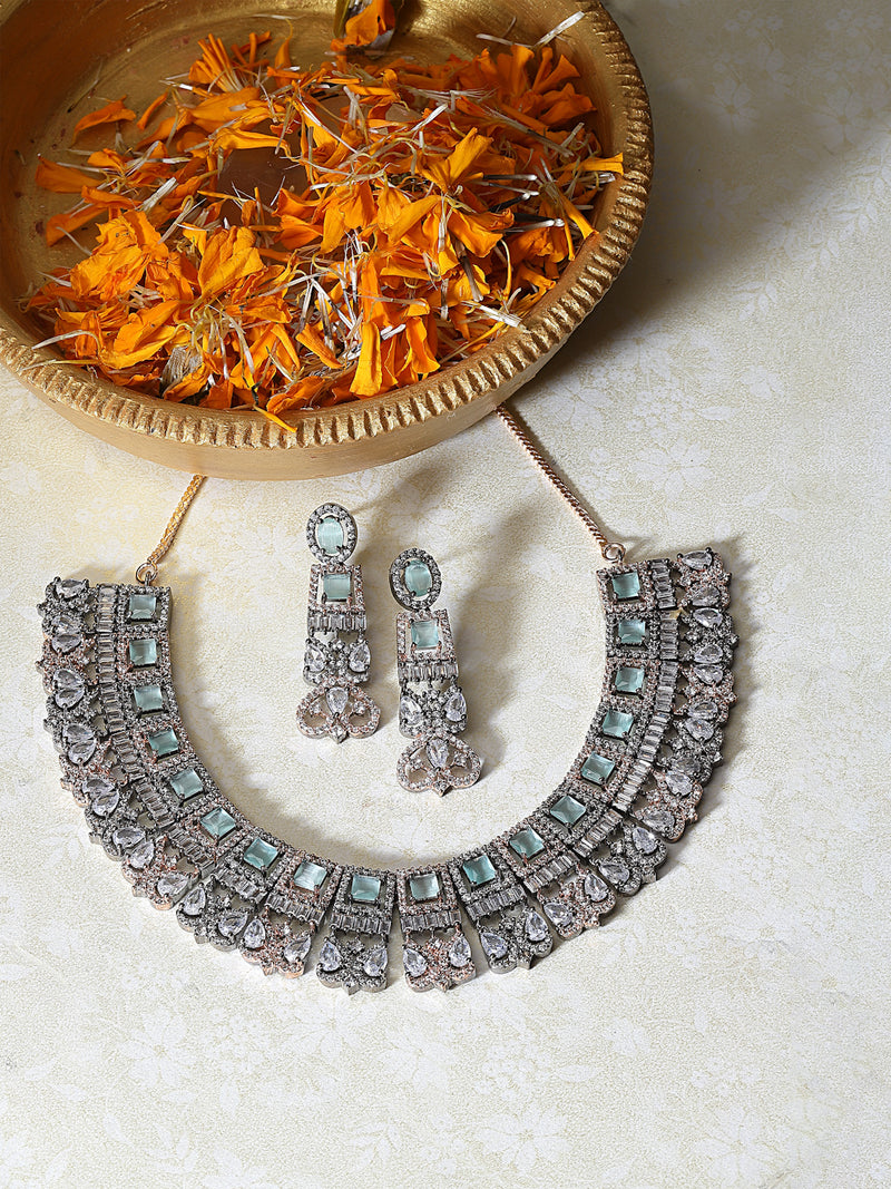 Rose Gold-Plated Gunmetal Toned Sea Green American Diamonds Studded Choker Necklace & Earrings Jewellery Set