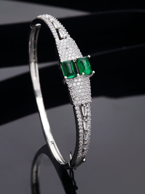 Rhodium-Plated Green Square Shape American Diamond Studded Kada Bracelet