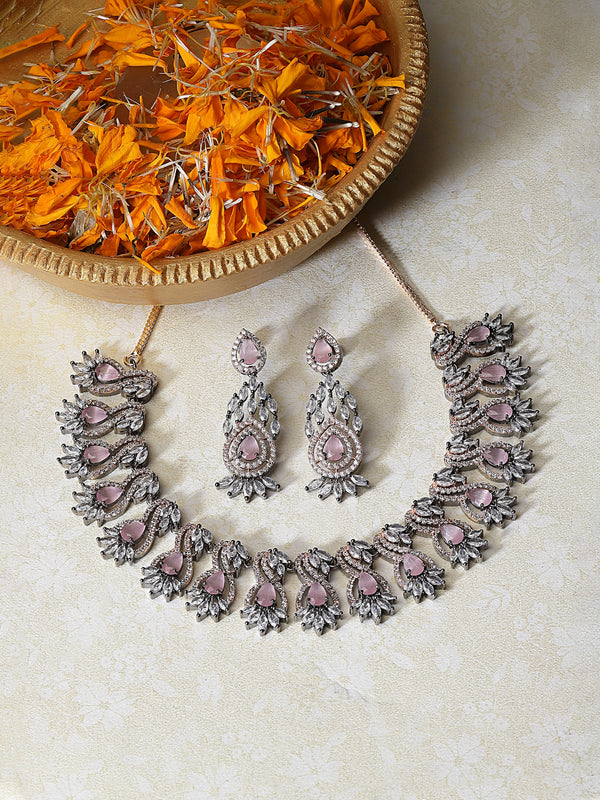 Rose Gold-Plated Gunmetal Toned Pink American Diamond Studded Traditional Touch Necklace & Earrings Jewellery Set