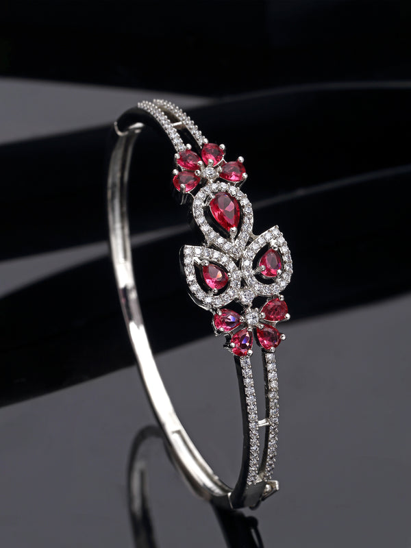 Rhodium-Plated Red American Diamond Studded Leaf Shaped Kada Bracelet