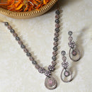 Rose Gold-Plated Gunmetal Toned Pink American Diamond Studded Teardrop & Floral Shape Jewellery Set