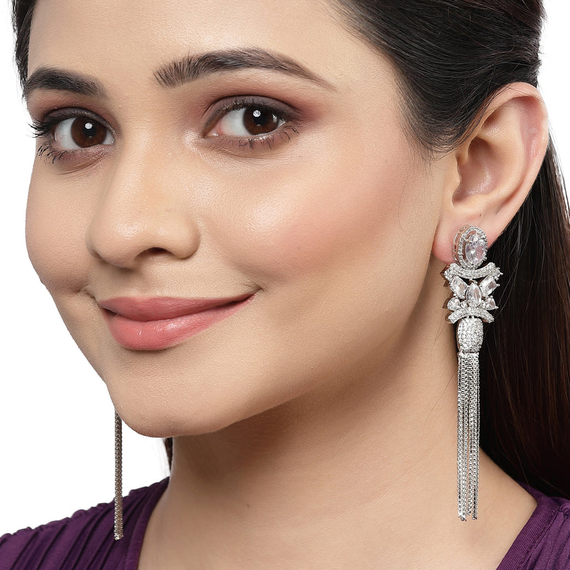 Rhodium-Plated With Silver-Toned American Diamond Studded Drop Earrings