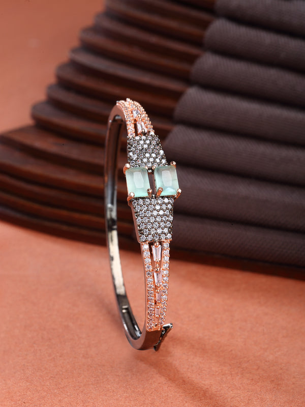 Rose Gold-Plated Gunmetal Toned Sea Green Square Shape American Diamond Studded Kada Bracelet