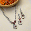 Rhodium-Plated Red American Diamond Studded Teardrop & Floral Shaped Jewellery Set