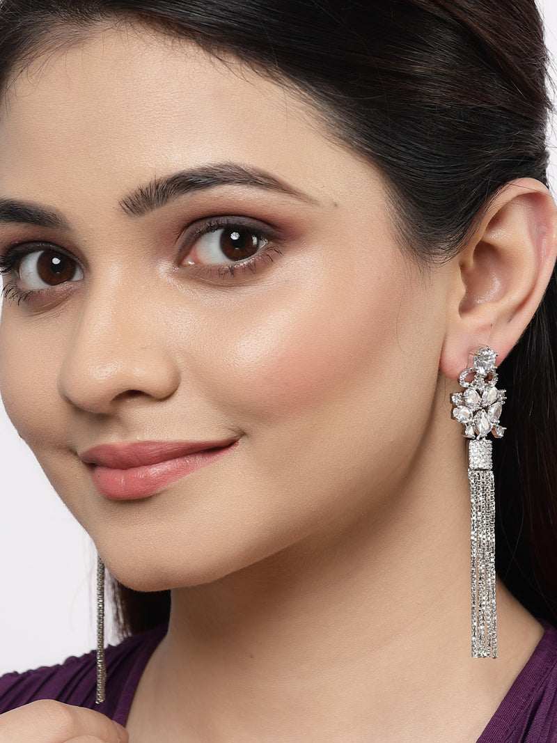 White Rhodium-Plated with Silver-Toned American Diamond Contemporary Drop Earrings