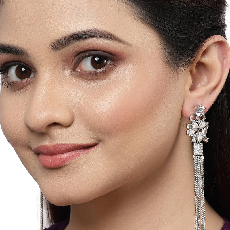 White Rhodium-Plated with Silver-Toned American Diamond Contemporary Drop Earrings