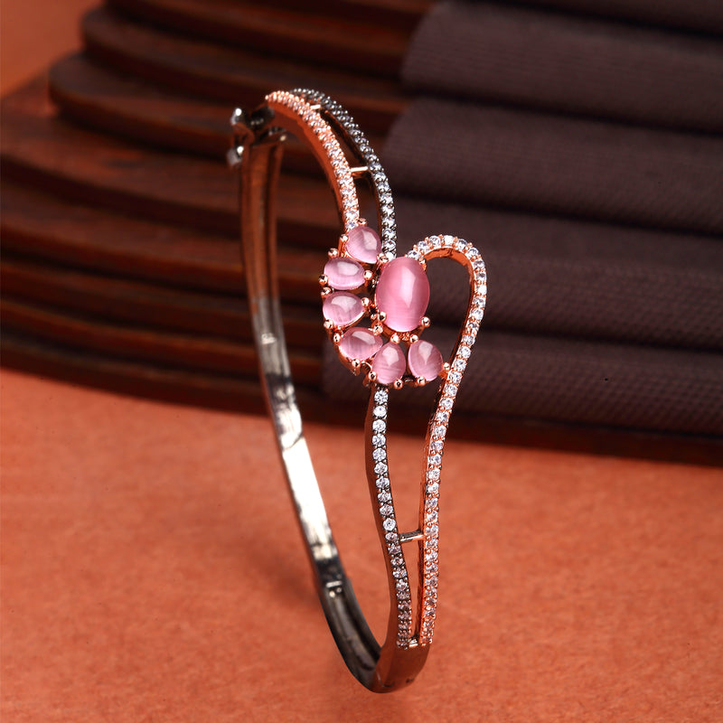 Rose Gold-Plated Black Toned Flower Shaped Pink American Diamond Studded  Bracelet