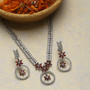 Rhodium-Plated Red American Diamond Studded Star & Leaf Shaped Necklace With Earrings Set