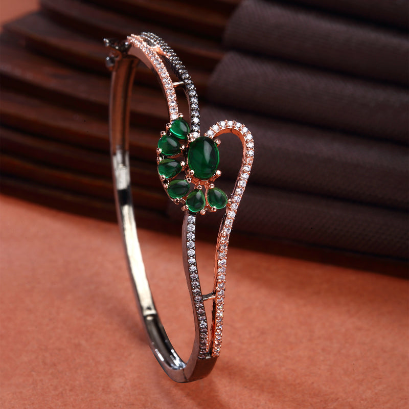 Rose Gold-Plated Black Toned Flower Shaped Emerald Green American Diamond Studded  Bracelet