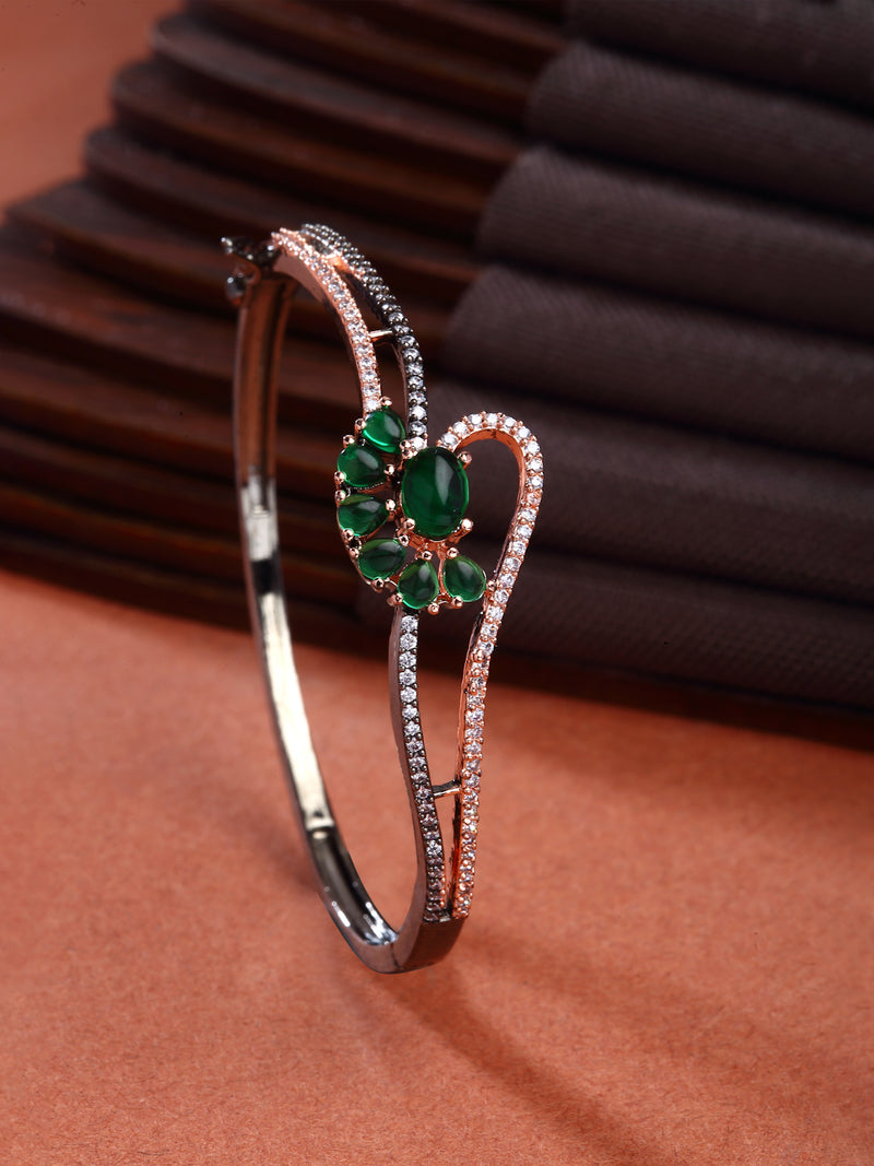 Rose Gold-Plated Gunmetal Toned Green American Diamond Studded Floral Theme Kada Bracelet