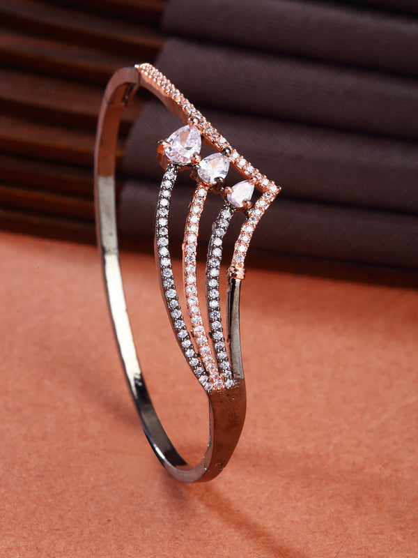 Rose Gold-Plated Gunmetal Toned White Teardrop Shape American Diamond Studded Kada Bracelet