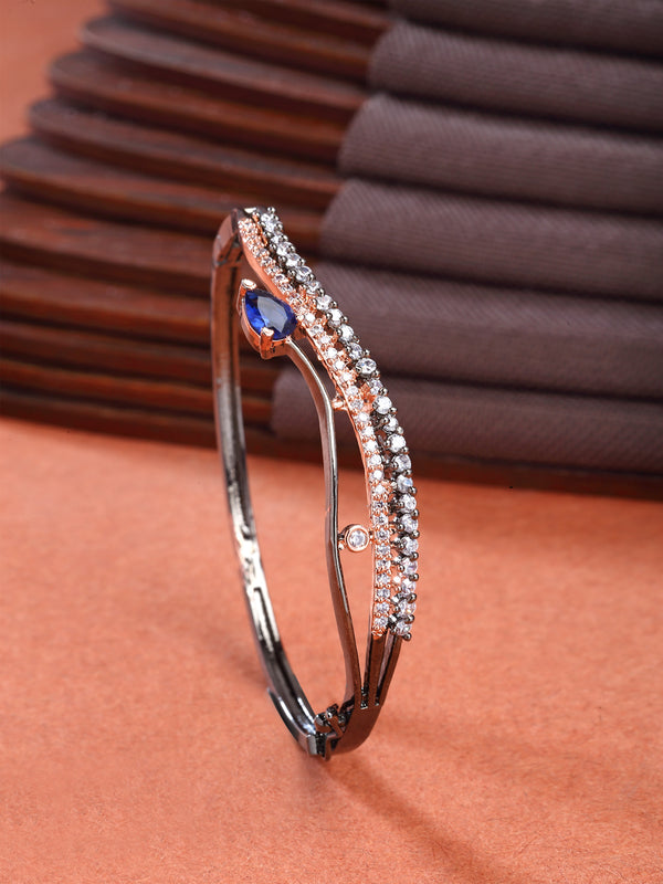 Rose Gold-Plated Gunmetal Toned Navy Blue American Diamond Studded Kada Bracelet