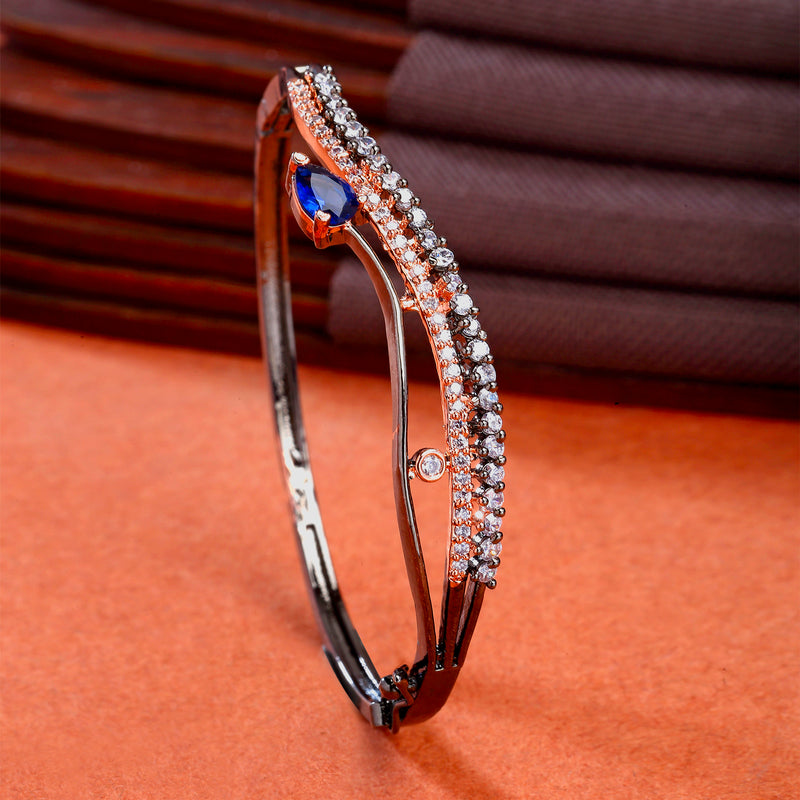Rhodium Plated Silver Toned  Royal Blue Teardrop Shaped American Diamond Stone Studded Kada Bracelet