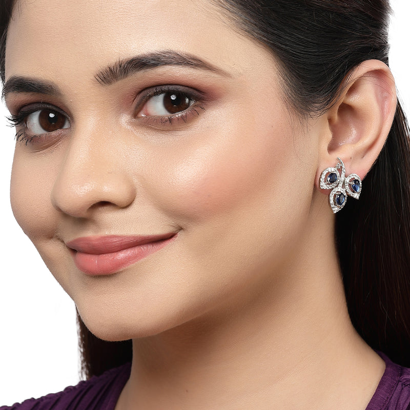 Rhodium-Plated with Silver-Toned Navy Blue American Diamond Leaf Shaped Studs Earrings