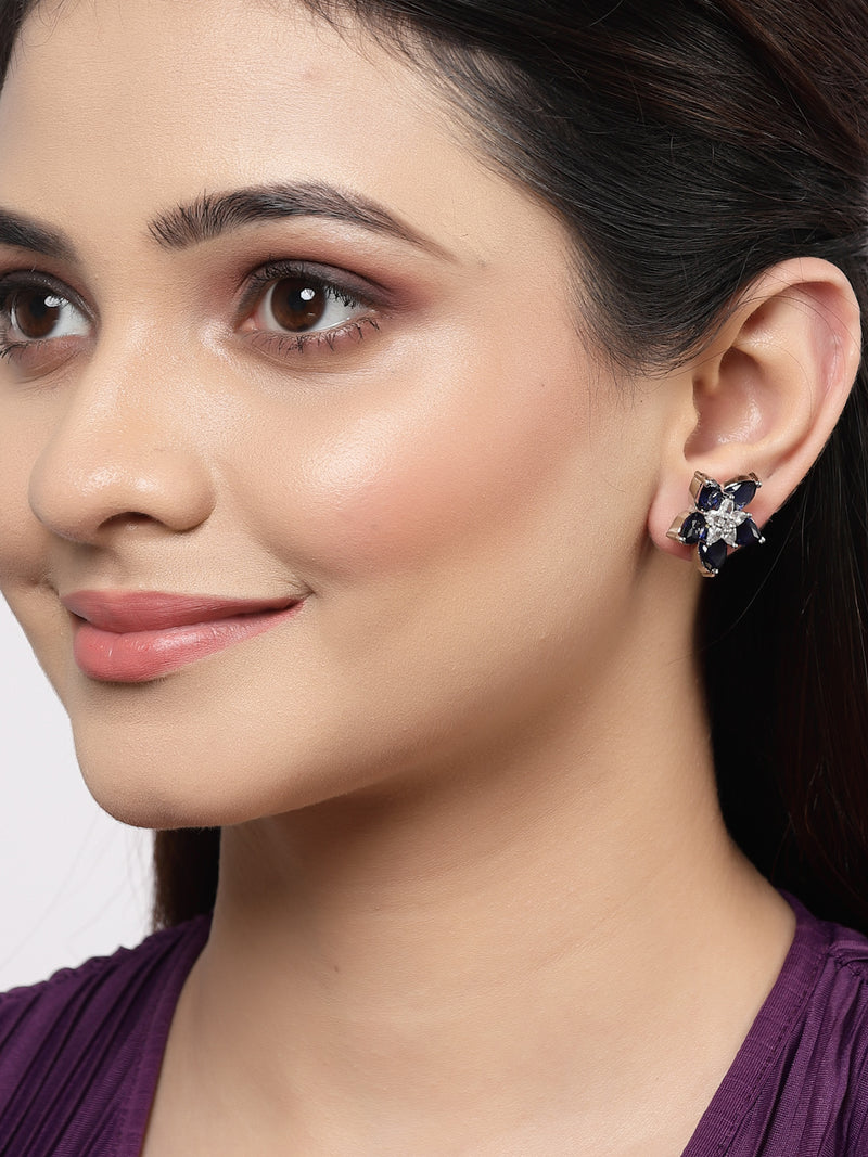 Rhodium-Plated with Silver-Toned Navy Blue American Diamond Floral Studs Earrings