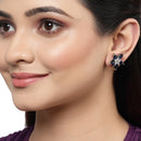 Rhodium-Plated with Silver-Toned Navy Blue American Diamond Floral Studs Earrings