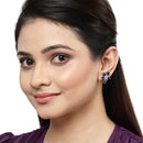 Rhodium-Plated with Silver-Toned Navy Blue American Diamond Floral Studs Earrings