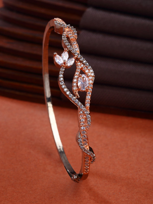 Rose Gold-Plated Gunmetal Toned White American Diamond Studded Handcrafted Kada Bracelet