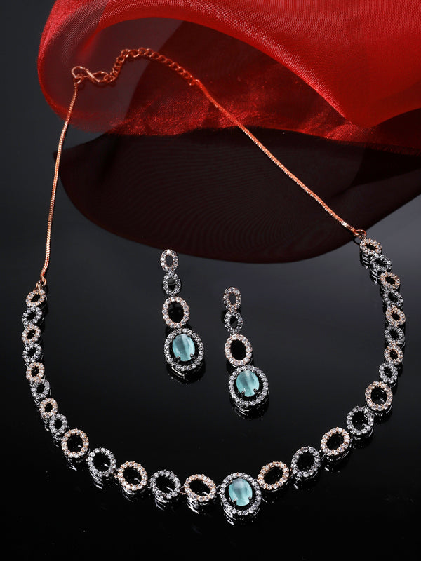 Rose Gold-Plated Gunmetal Toned Sea Green American Diamonds Studded Ovate Shaped Necklace & Earrings Jewellery Set