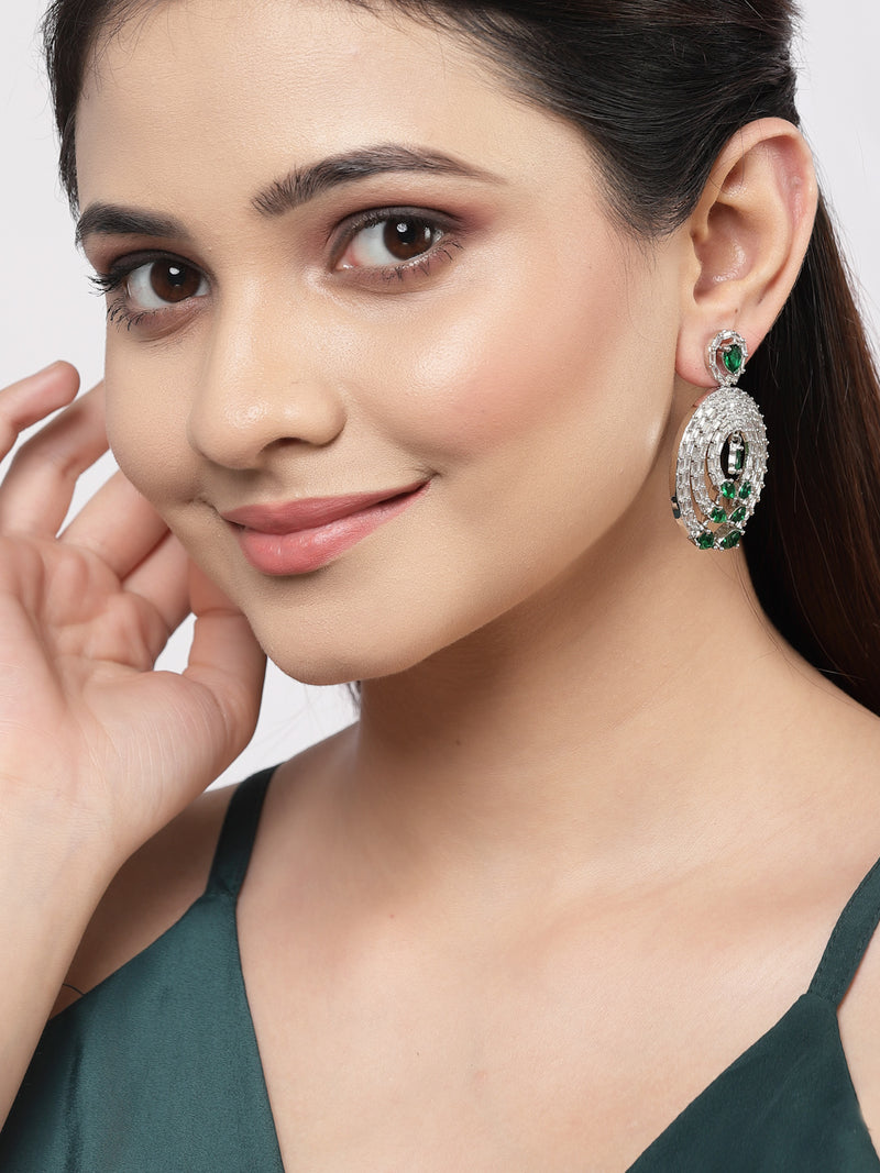 Rhodium-Plated with Silver-Tone Green & White American Diamond Studded Circular Contemporary Drop Earrings