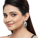 Rhodium-Plated with Silver-Tone Green & White American Diamond Studded Circular Contemporary Drop Earrings