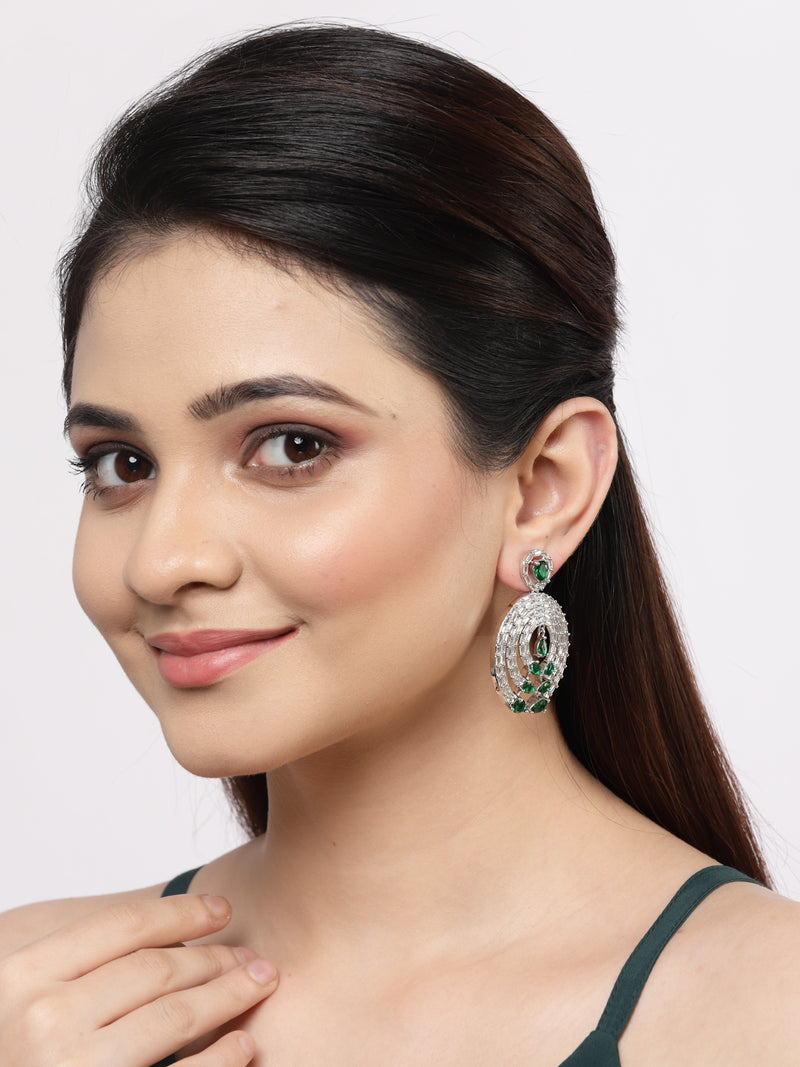 Rhodium-Plated with Silver-Tone Green & White American Diamond Studded Circular Contemporary Drop Earrings