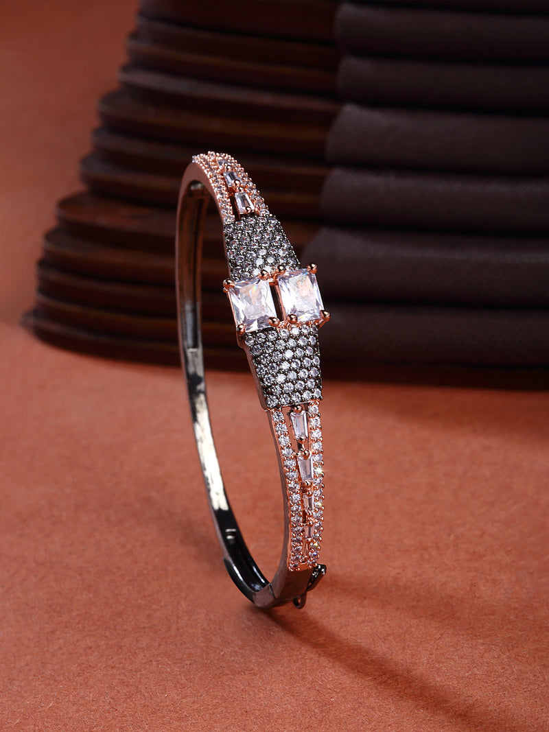 Rose Gold-Plated Gunmetal Toned White Square Shape American Diamond Studded Kada Bracelet