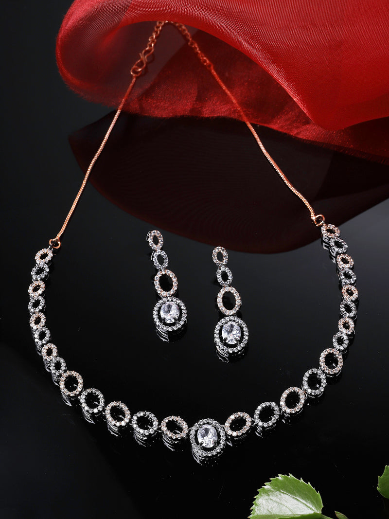 Rose Gold-Plated Gunmetal Toned White American Diamonds Studded Ovate Shaped Necklace & Earrings Jewellery Set