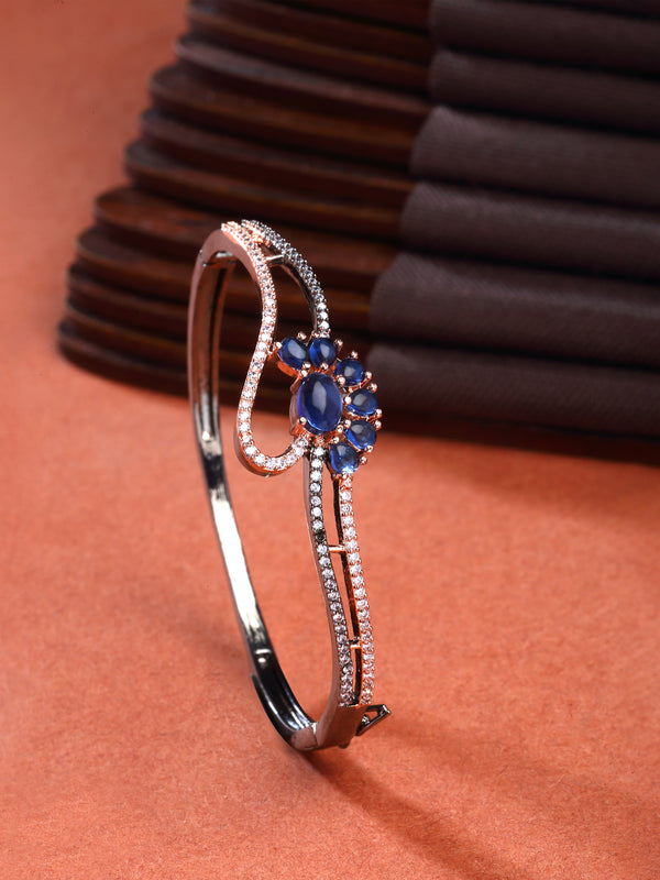 Rose Gold-Plated Gunmetal Toned Navy Blue American Diamond Studded Floral Theme Kada Bracelet