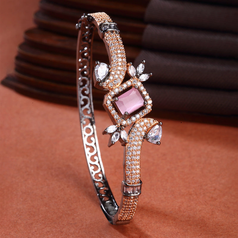Rose Gold-Plated Black Toned Square Shaped  Pink American Diamond Studded Bracelet