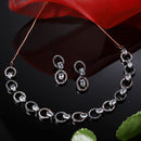 Rose Gold-Plated Gunmetal Toned White American Diamond Studded Disc-Shaped Necklace & Earrings Jewellery Set