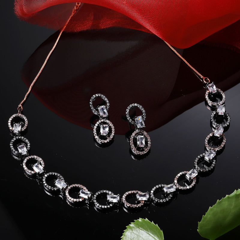 Rose Gold-Plated Gunmetal Toned White American Diamond Studded Disc-Shaped Necklace & Earrings Jewellery Set