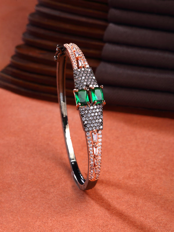 Rose Gold-Plated Gunmetal Toned Green Square Shape American Diamond Studded Kada Bracelet