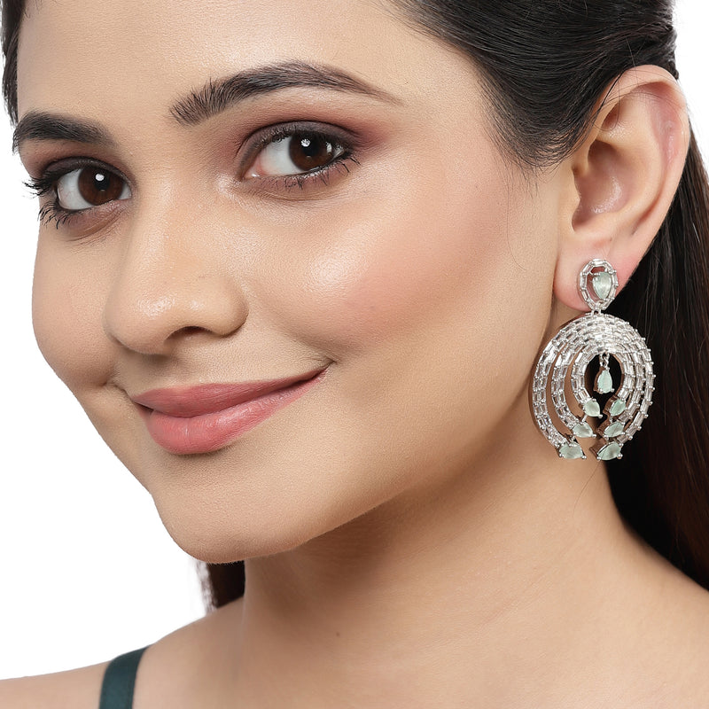 Rhodium-Plated with Silver-Tone Sea Green & White American Diamond Studded Circular Contemporary Drop Earrings