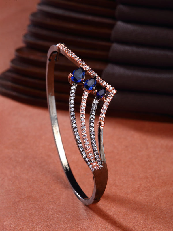 Rose Gold-Plated Gunmetal Toned Navy Blue Teardrop Shape American Diamond Studded Kada Bracelet