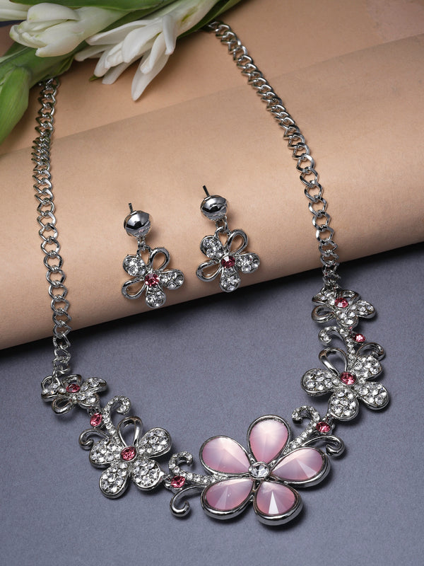 Rhodium-Plated Pink American Diamonds Studded Floweret Necklace & Earrings Jewellery Set