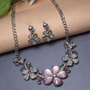 Rhodium-Plated Pink American Diamonds Studded Flower Necklace & Earrings Jewellery Set