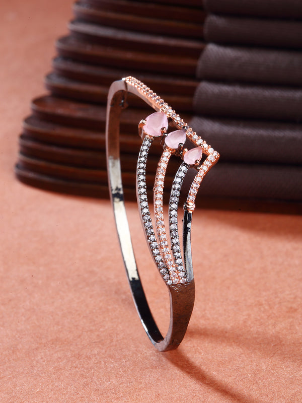 Rose Gold-Plated Gunmetal Toned Pink Teardrop Shape American Diamond Studded Kada Bracelet