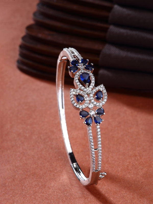 Rhodium-Plated Navy Blue American Diamond Studded Leaf Shaped Kada Bracelet