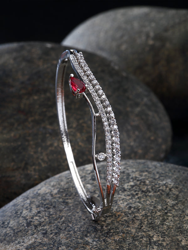 Rhodium-Plated Red American Diamond Studded Kada Bracelet
