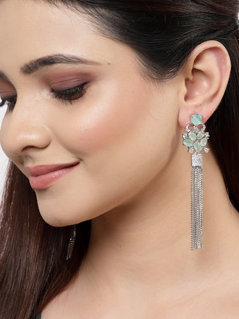 Sea Green Rhodium-Plated with Silver-Toned American Diamond Contemporary Drop Earrings