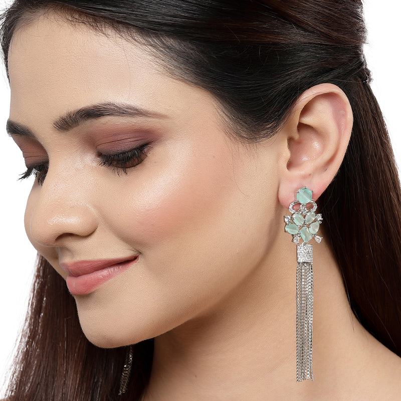 Sea Green Rhodium-Plated with Silver-Toned American Diamond Contemporary Drop Earrings