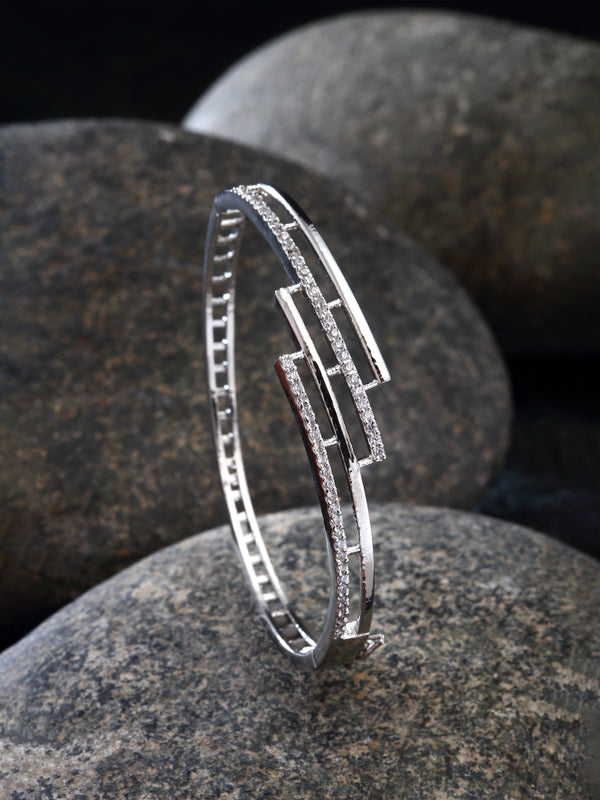 Rhodium-Plated Silver Toned White American Diamond Studded Kada Bracelet