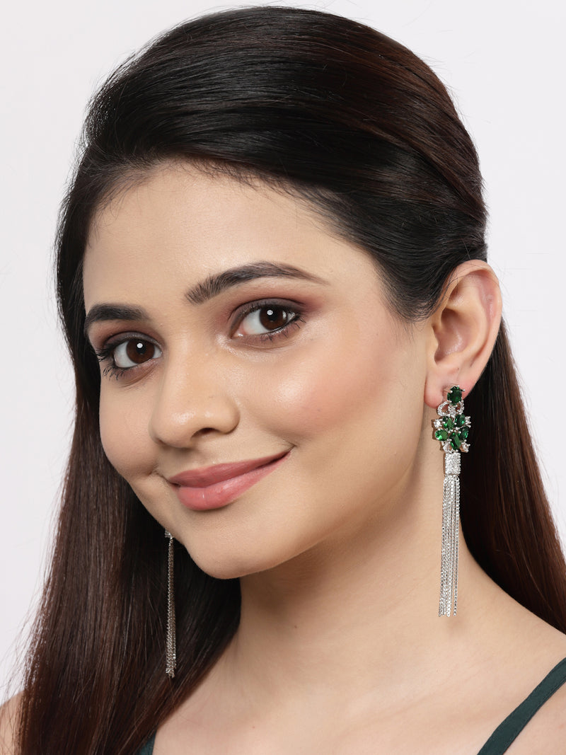 Green Rhodium-Plated with Silver-Toned American Diamond Contemporary Drop Earrings