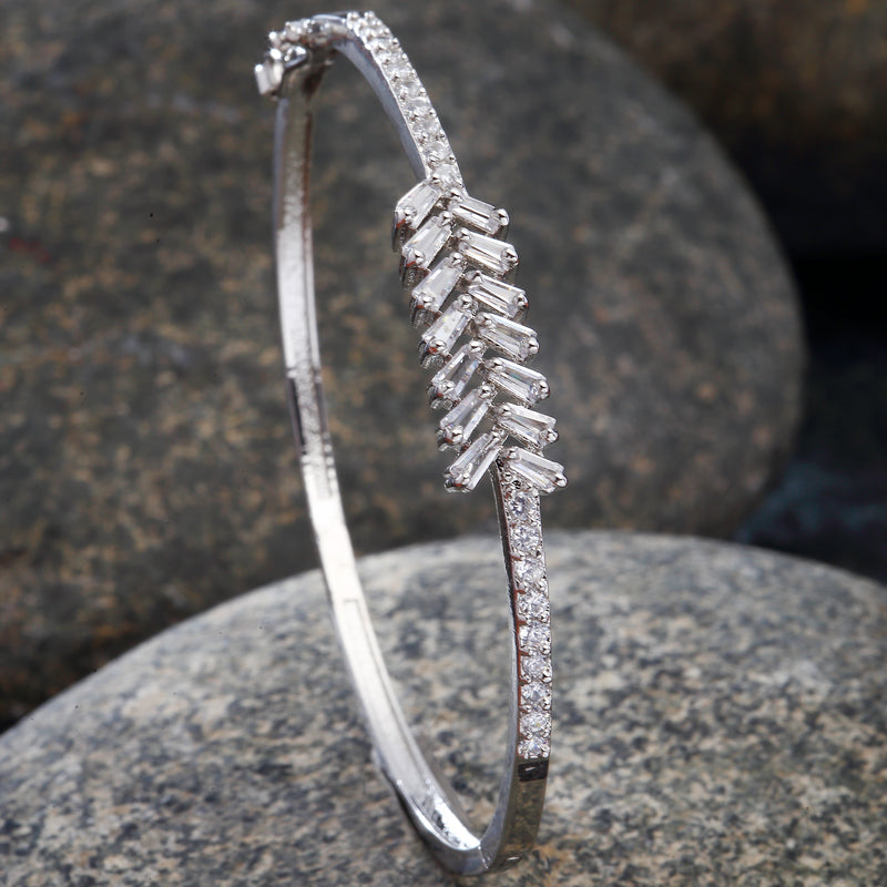 Rhodium-Plated Silver Toned White Flower Shaped American Diamond Studded Bracelet