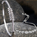 Rhodium Plated Silver Toned American Diamond Studded  Round Design Charm Adjustable Bracelet & Classic Cuff Bracelet Combo Set of 2